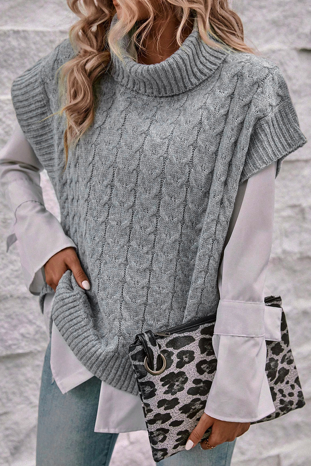 Cable Knit Turtleneck Batwing Sleeve Sweater, S-XL