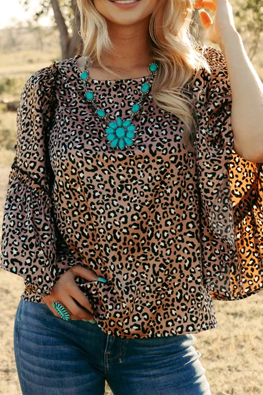 Leopard Print Ruffle Wide Sleeve Blouse, S-XL