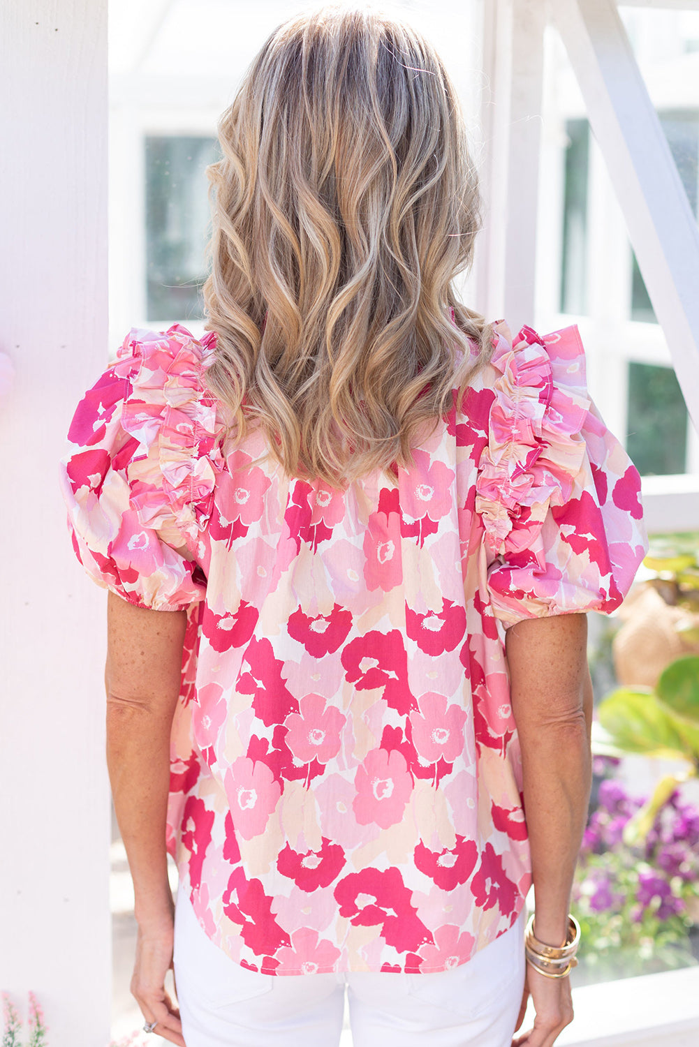 Pink Split Neck Ruffled Puff Sleeves Floral Top, S-XL