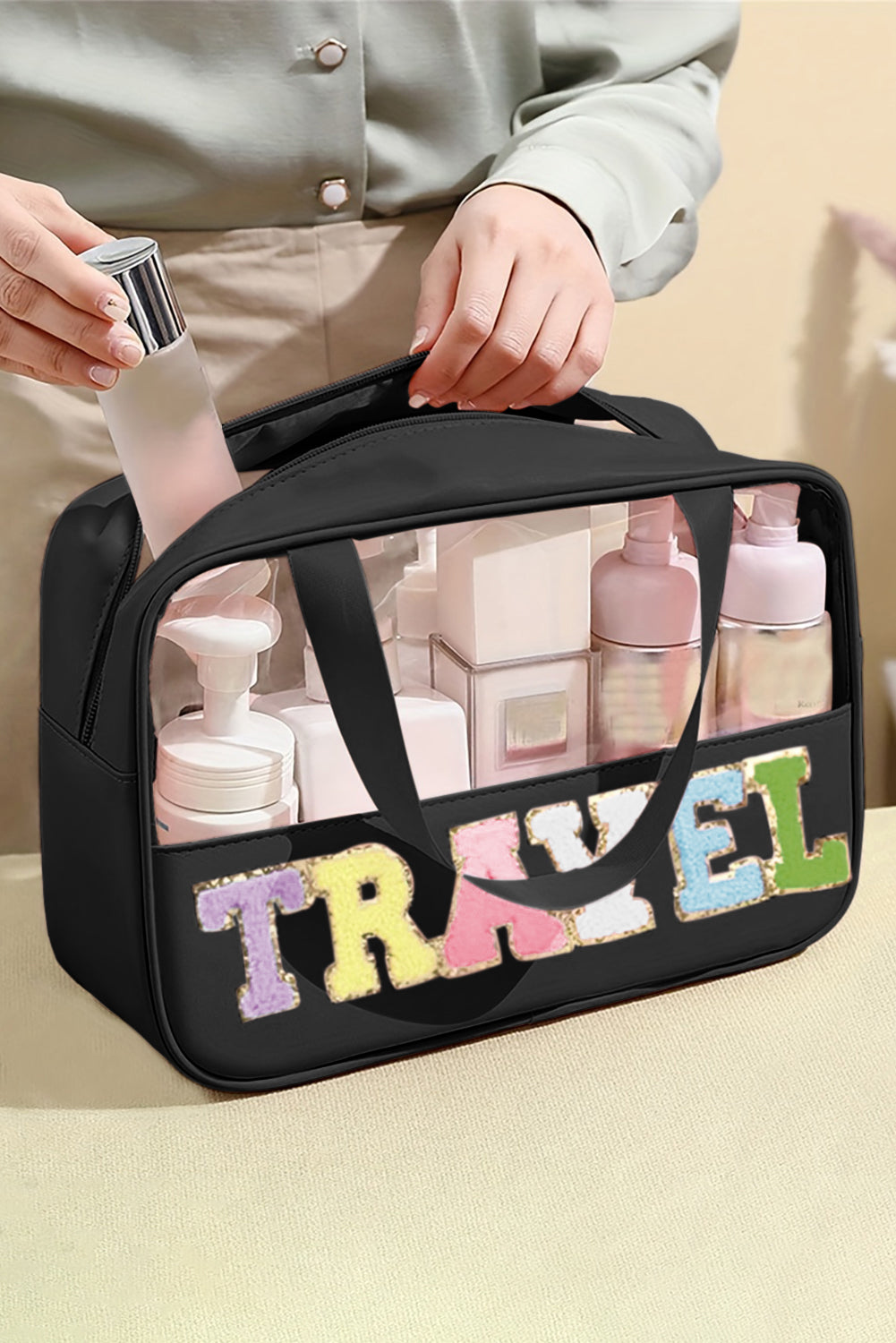 TRAVEL Chenille Letter Clear Bag, two color choices