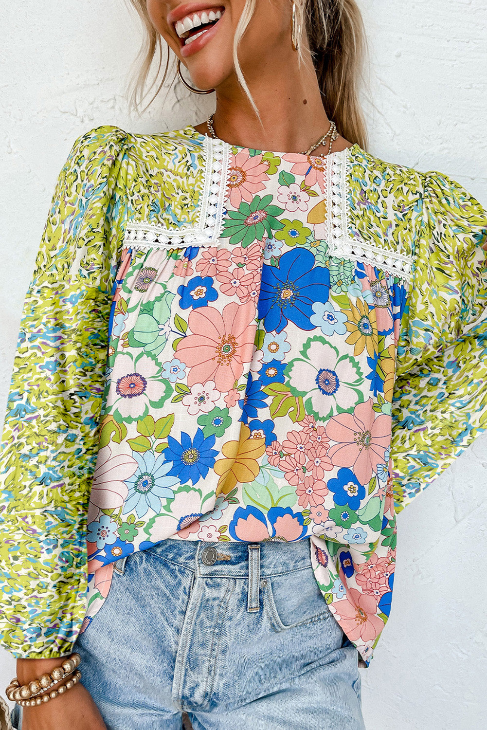 Mixed Floral Print Long Sleeve Blouse, S-2XL