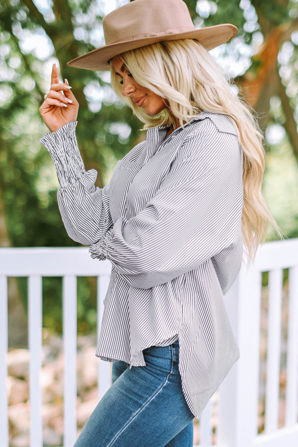 Smocked Cuffed Striped Boyfriend Shirt with Pocket, XS-2XL, Several color choices!