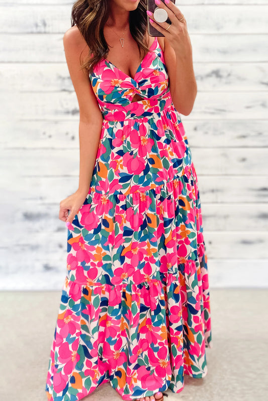 Floral Twisted Smocked Back Tiered Maxi Dress, S-XL