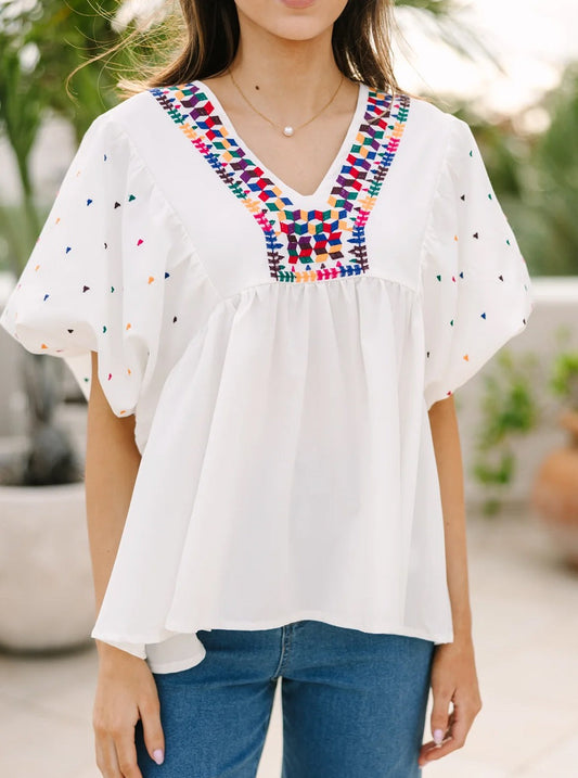 Embroidered Puff Sleeve V Neck Blouse, S-XL