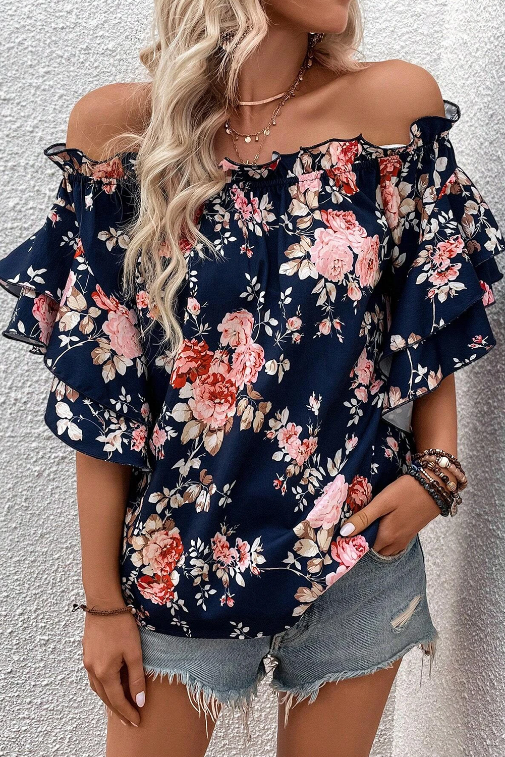 Ruffle Off Shoulder Flounce Sleeve Floral Blouse, S-XL