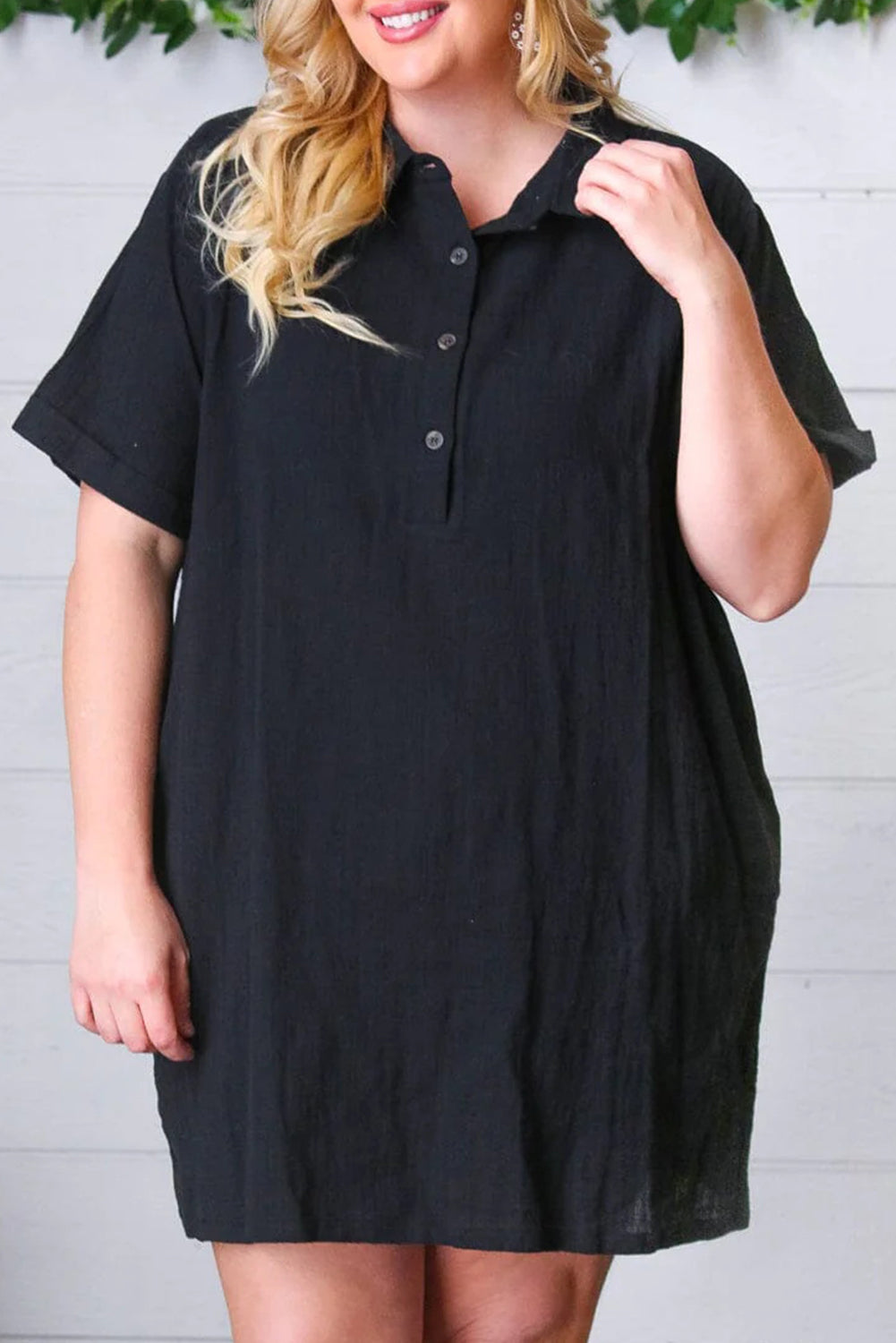 Shirt Collar Buttoned Short Sleeve Shift Dress, 1XL-3XL