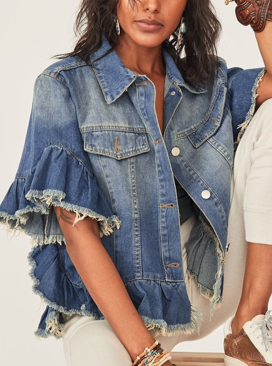 Raw Edge Ruffled Short Sleeve Denim Jacket, S-XL