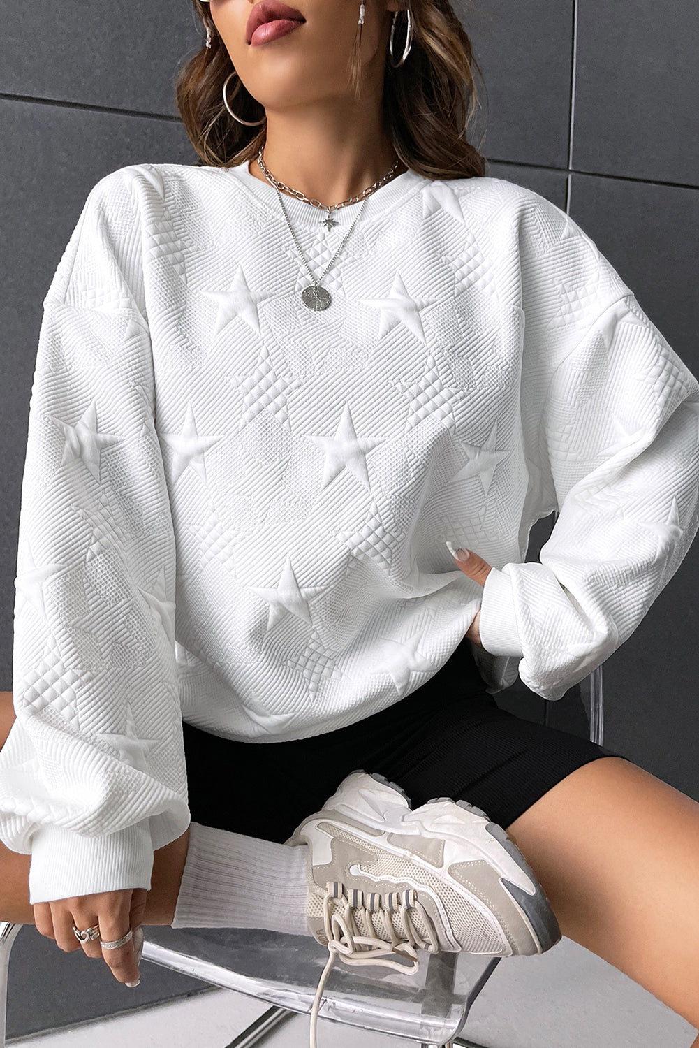 Star Embossed Textured Sweatshirt, S-XL, three color choices