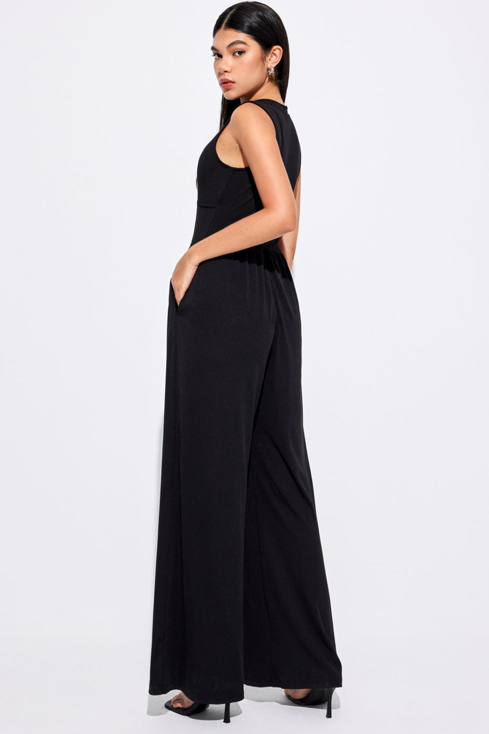 Cinched Waist Sleeveless Wide Leg Jumpsuit, S-XL