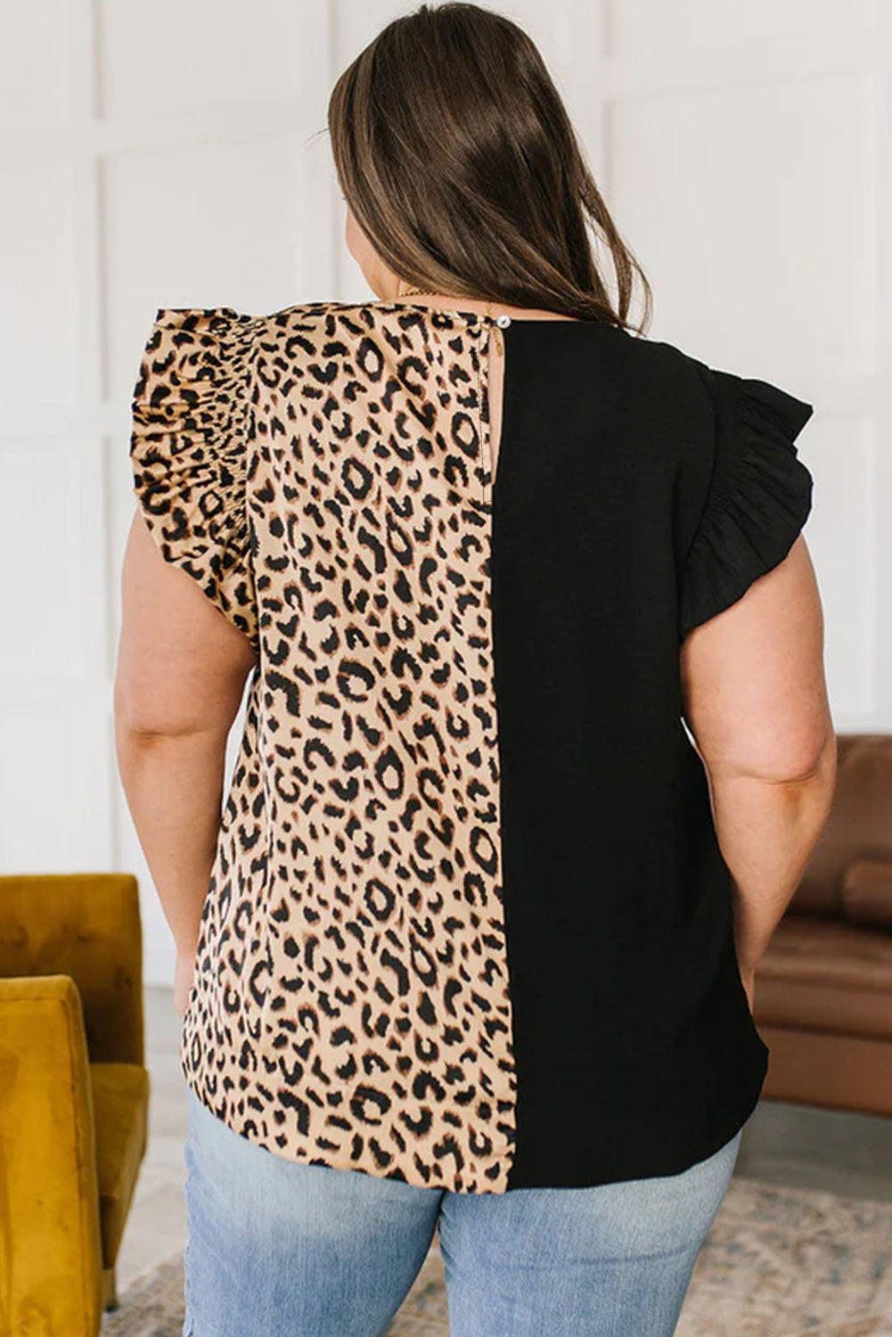 Leopard Contrast Block Flutter Sleeve  Top, 1XL-3XL