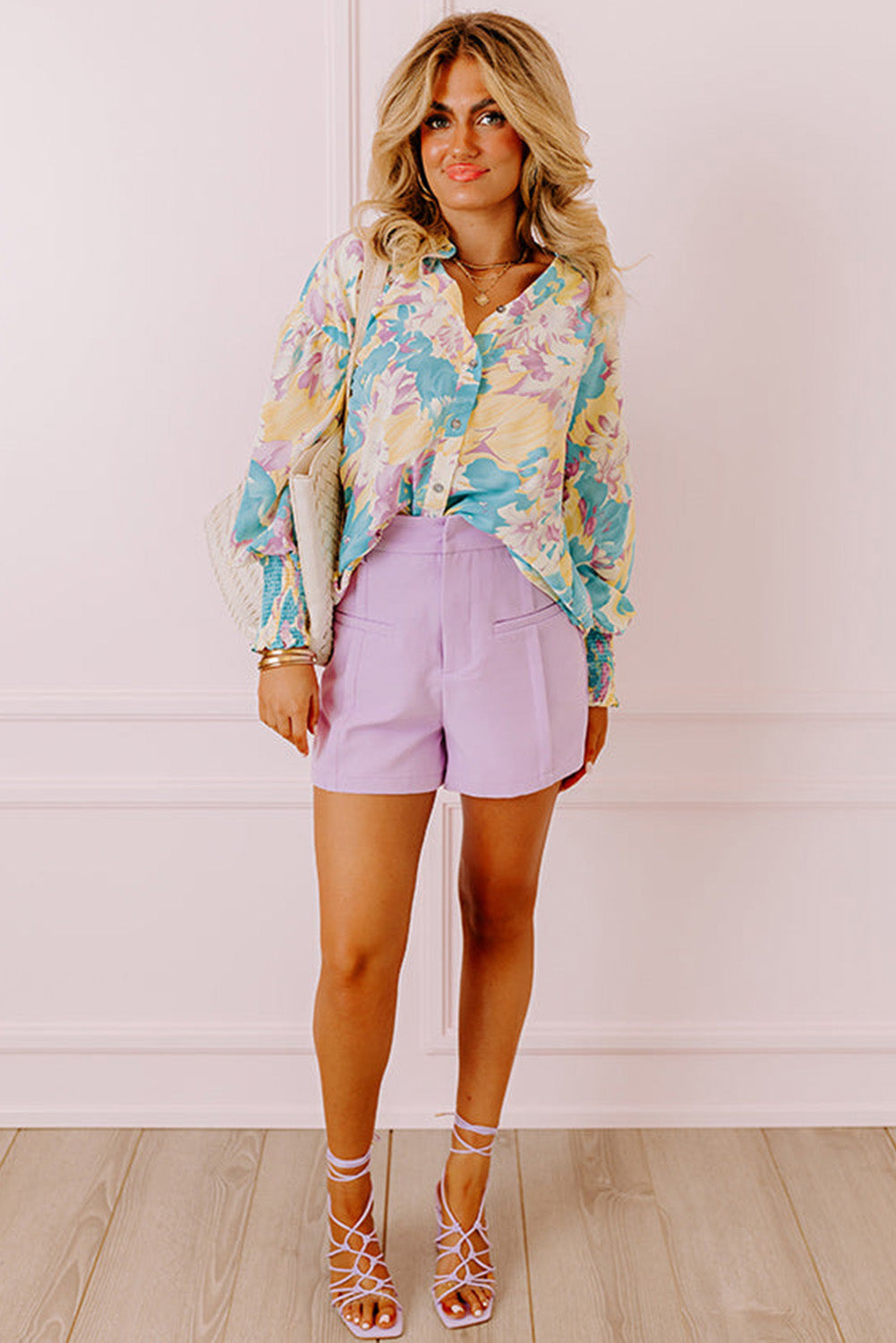 Floral Allover Print Shirred Cuff Oversized Shirt, S-XL