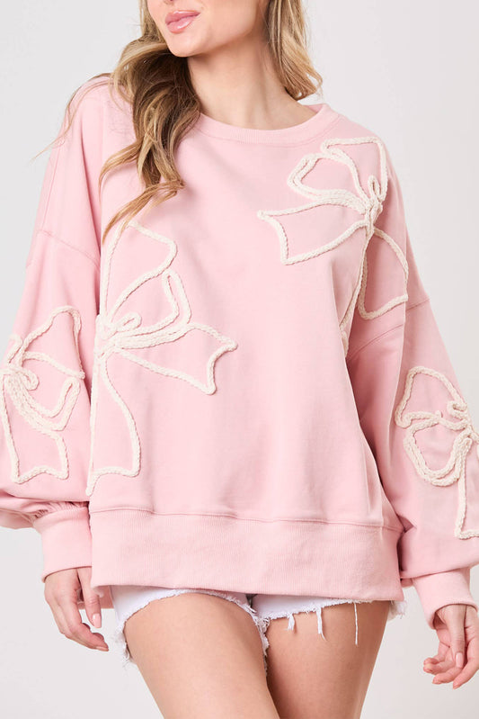 Bow Thread Embroidery Ribbed Edge Sweatshirt, S-XL