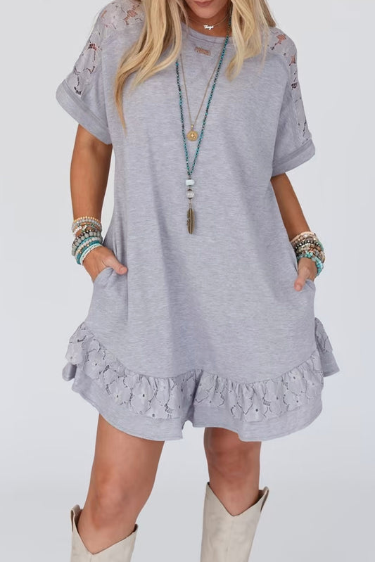 Lace Floral Patchwork Ruffled T-shirt Dress, S-XL