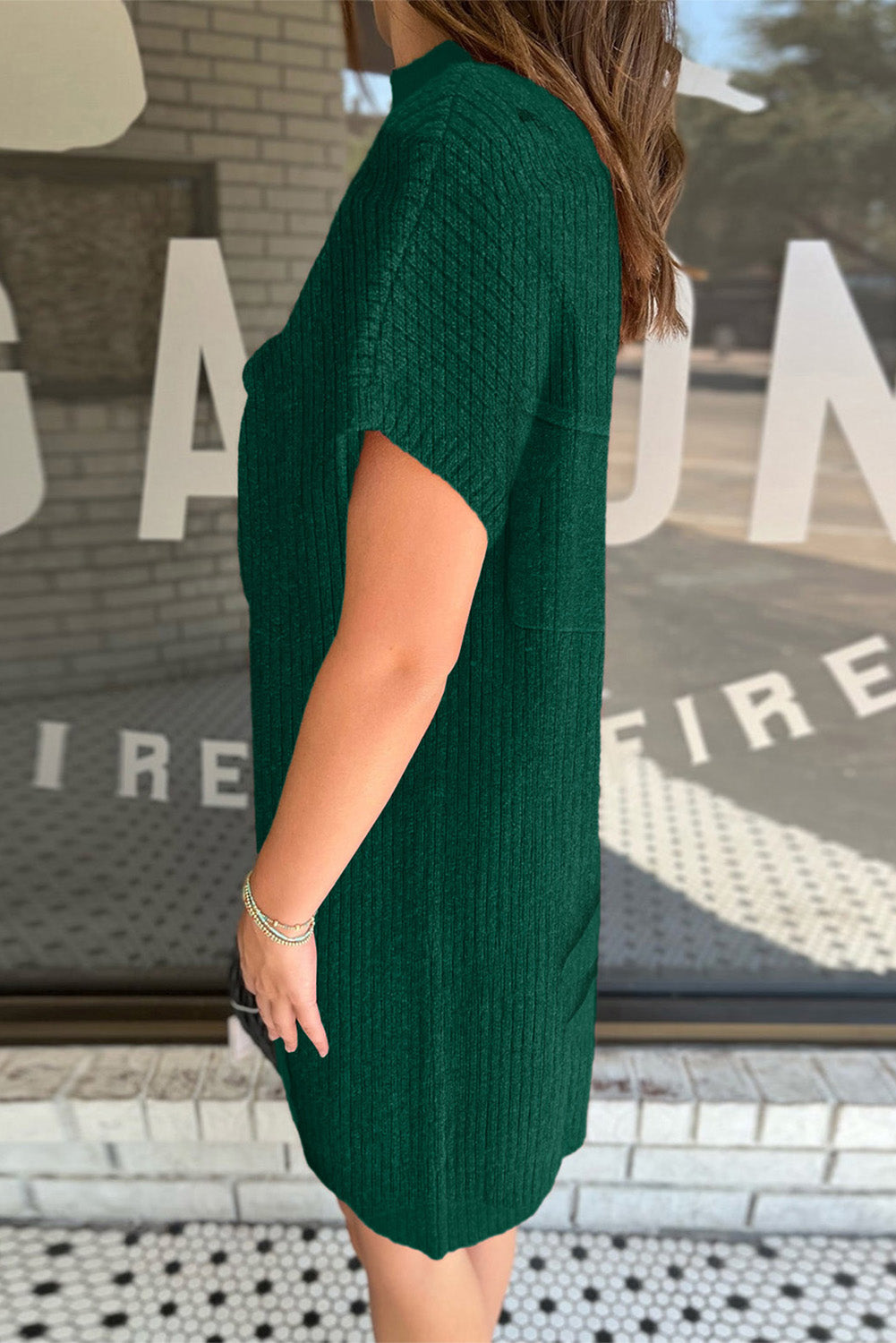 Ribbed Knit Short Sleeve Sweater Dress, S-XL