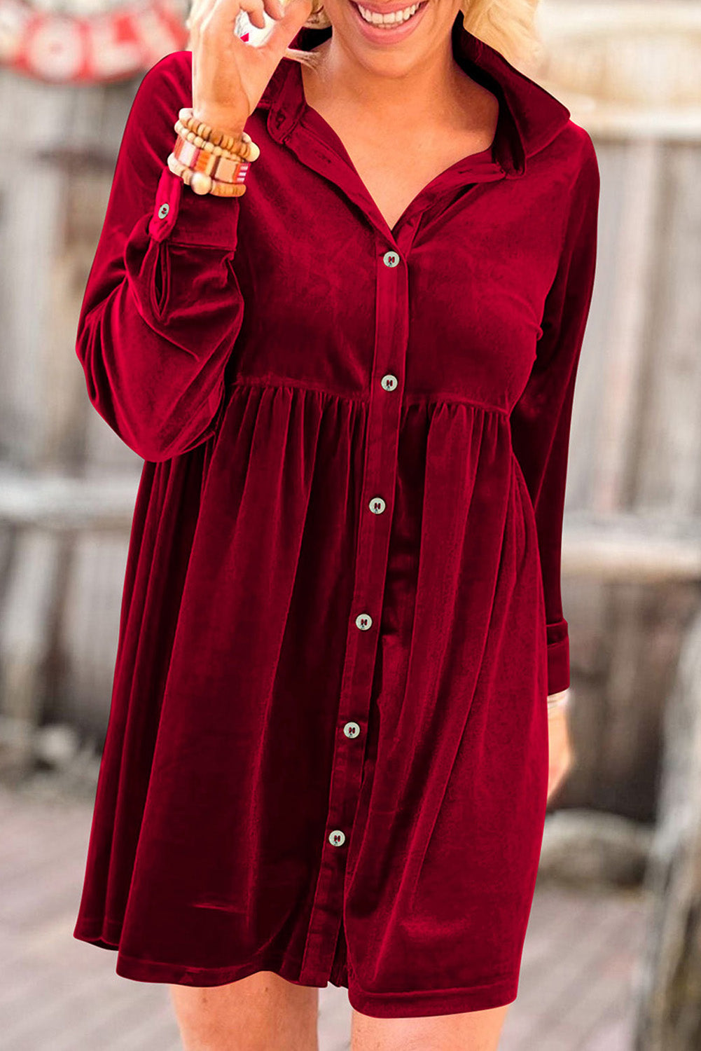 Long Sleeve Ruffle Velvet Button Up Dress, S-3XL, Several color choices