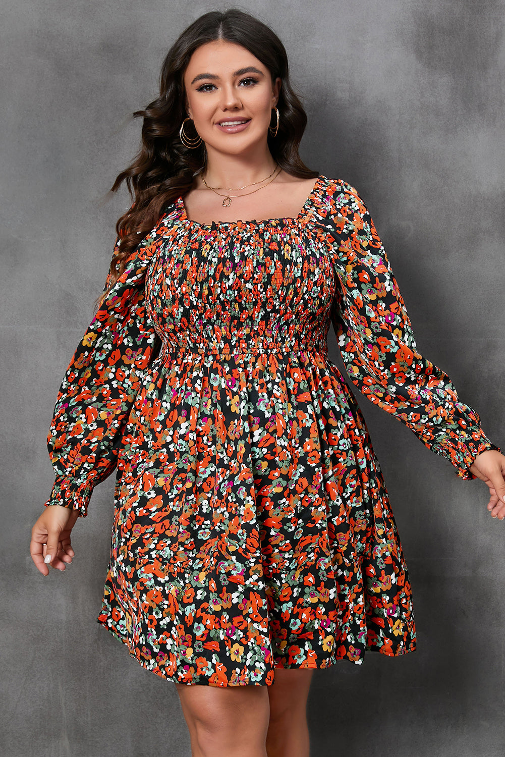 Smocked Long Sleeve Floral Dress, 1XL-3XL