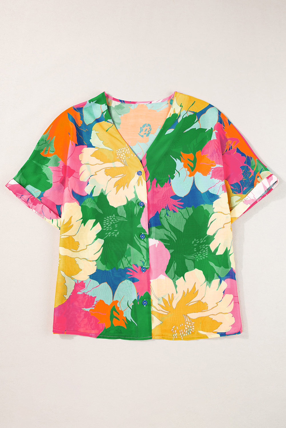 Floral Print Folded Short Sleeve Shirt, S-XL