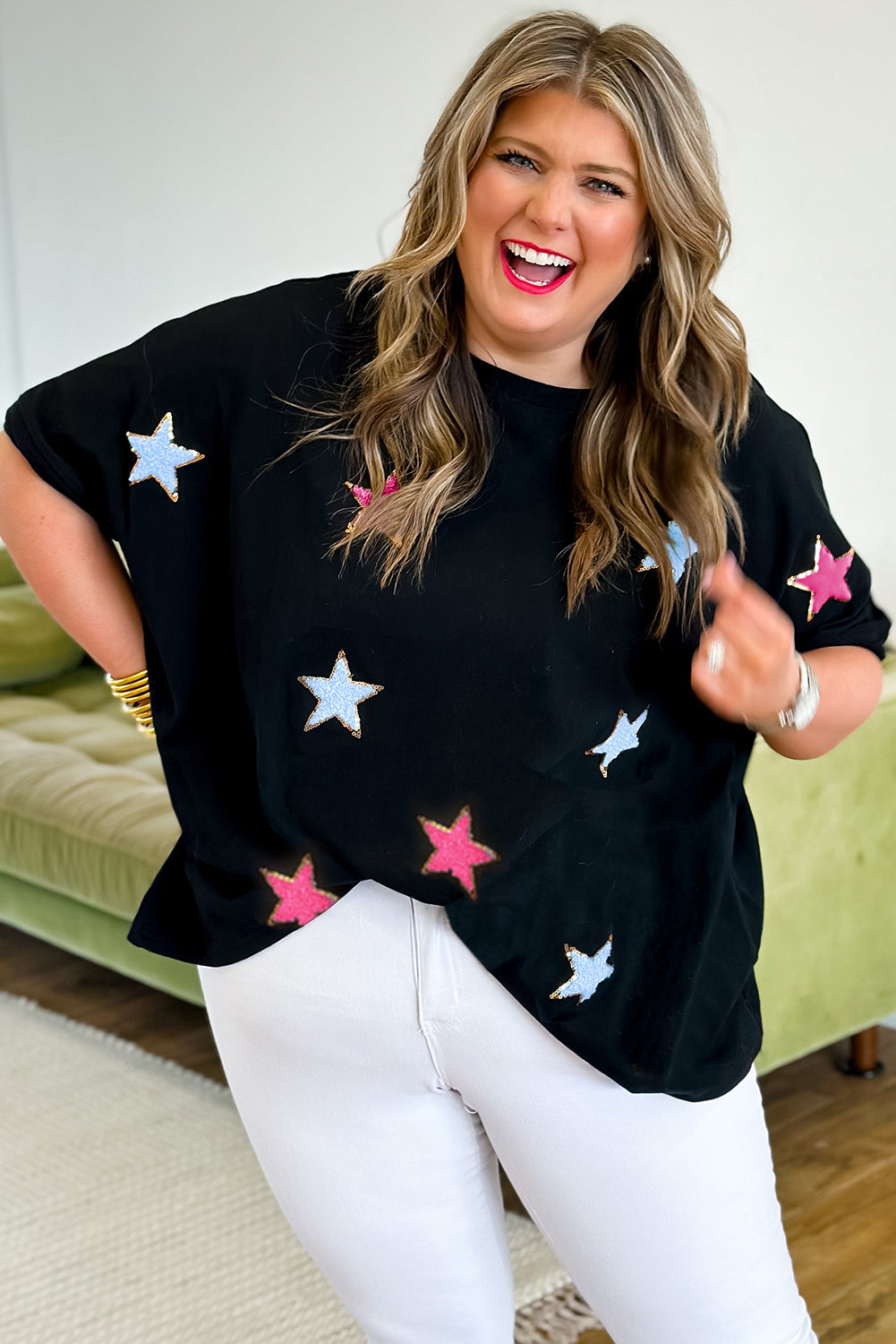 Sequin Chenille Star Pattern Tee, 1XL-3XL