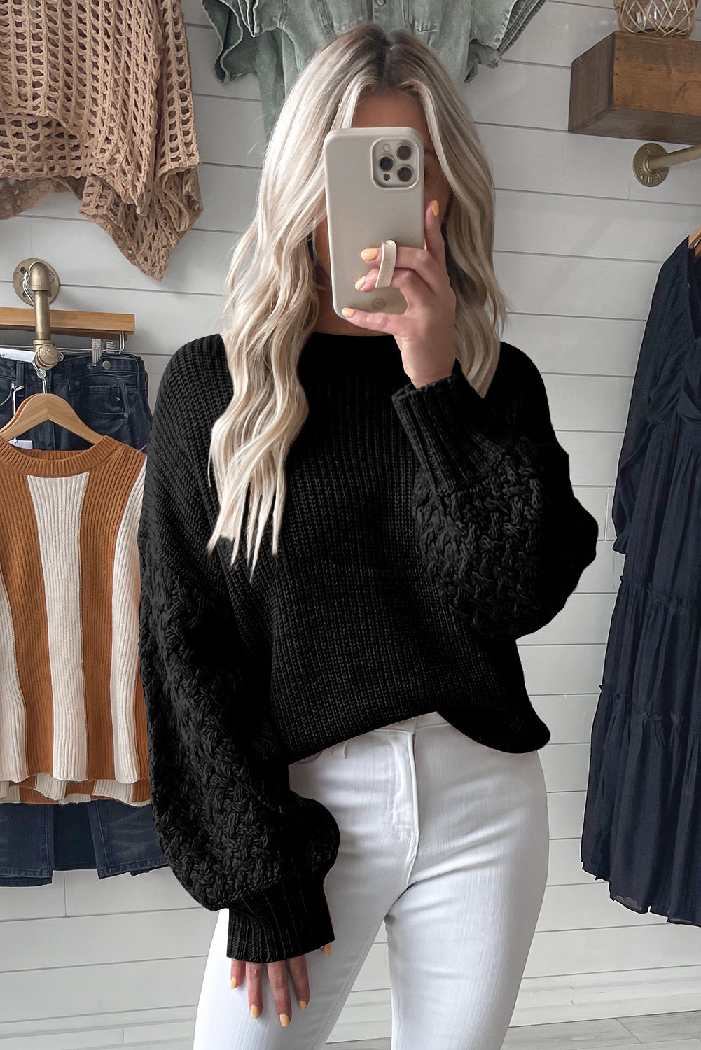 Cable Knit Sleeve Drop Shoulder Sweater, S-XL, two color choices