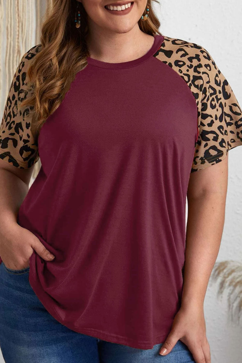 Leopard Raglan Sleeve T-shirt, 1XL-3XL