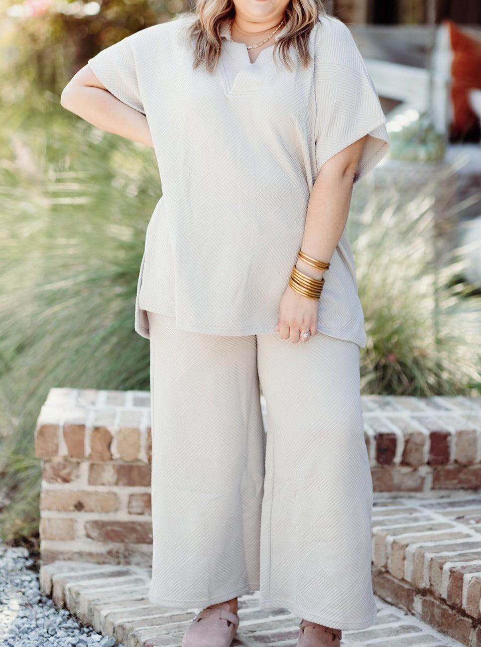 Textured Collared Top and Pants Set, 1XL-3XL