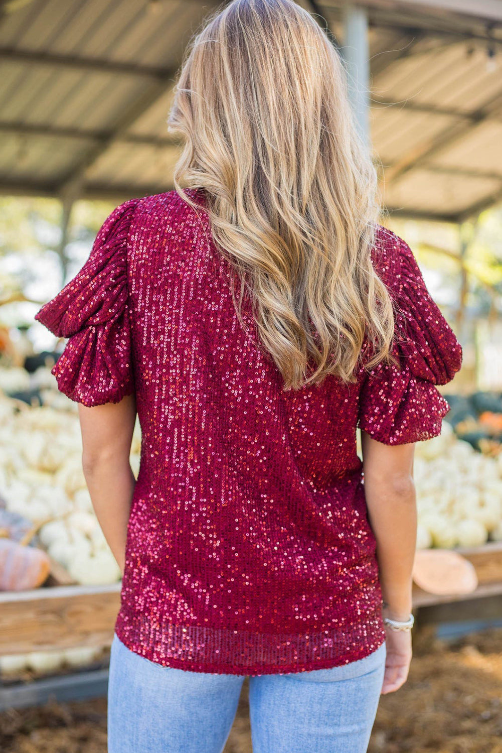 Sequin Short Bubble Sleeve Blouse, S-XL