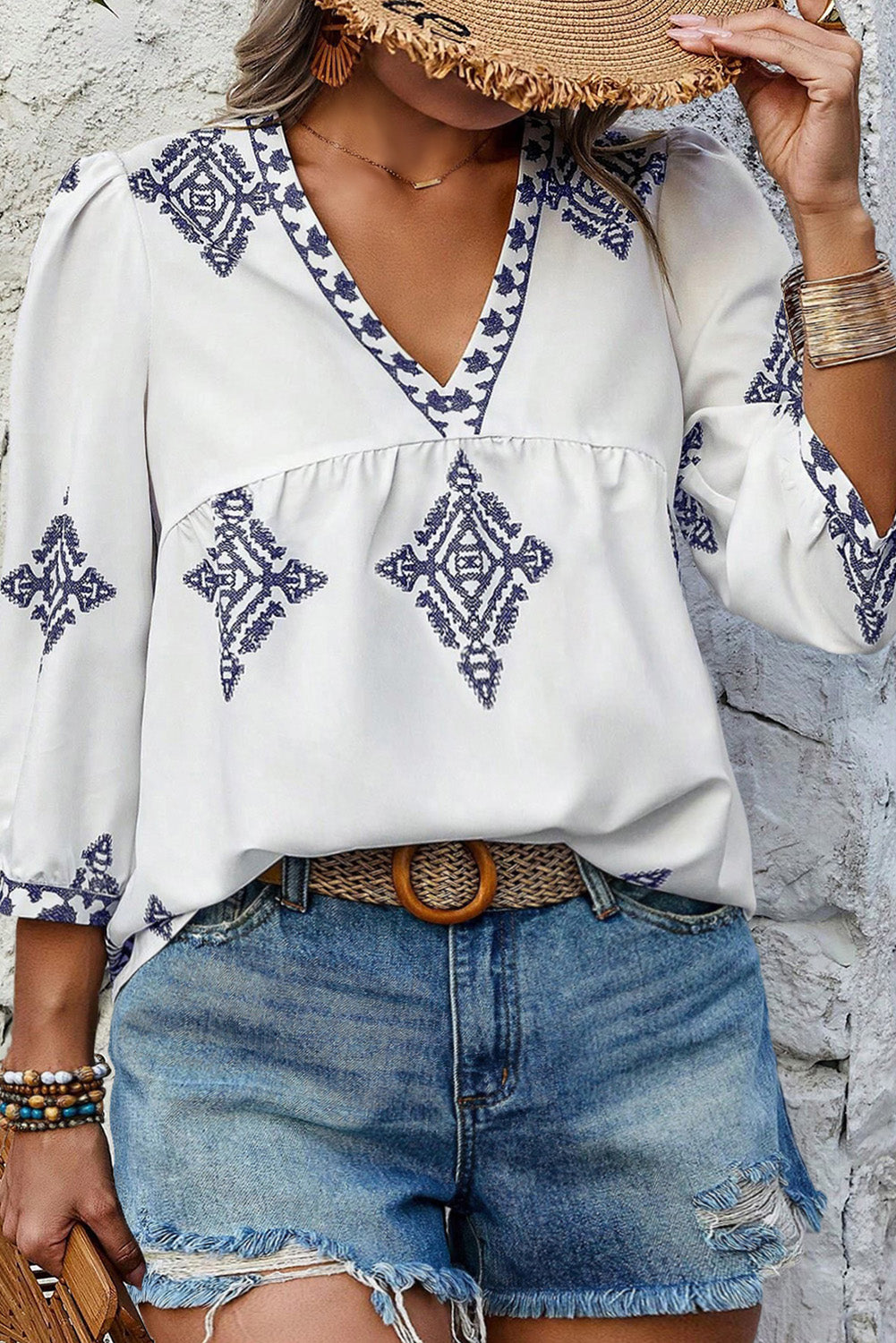 Boho Geometric Print V Neck Bracelet Sleeve Blouse, 1XL-3XL