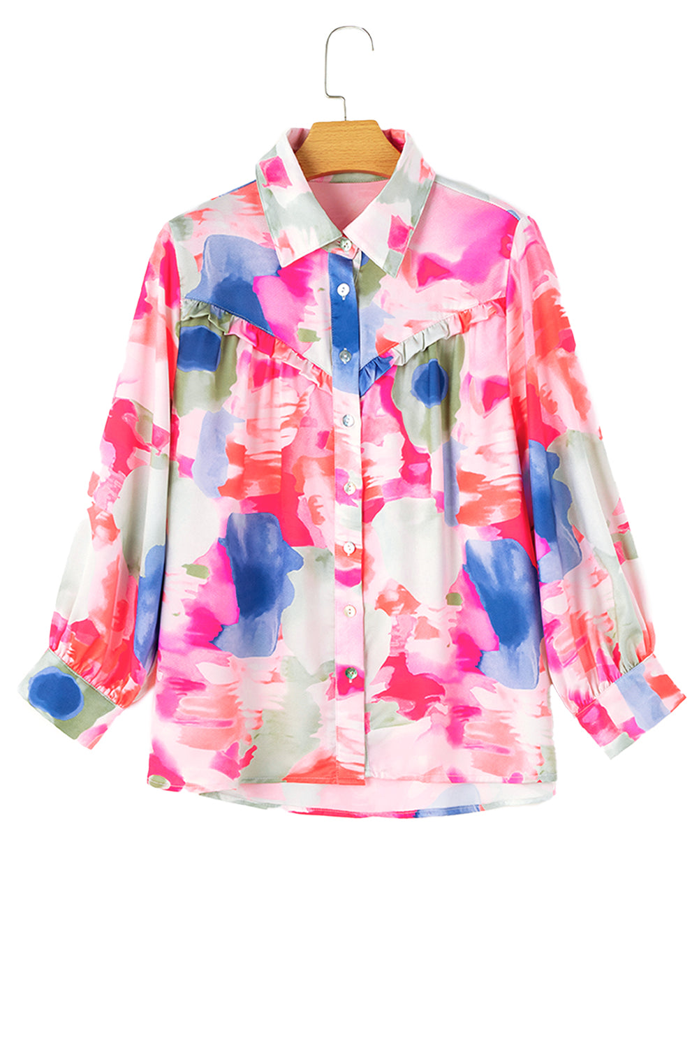 Abstract Printed Lantern Sleeve Frilled Button Front Collared Shirt, S-XL