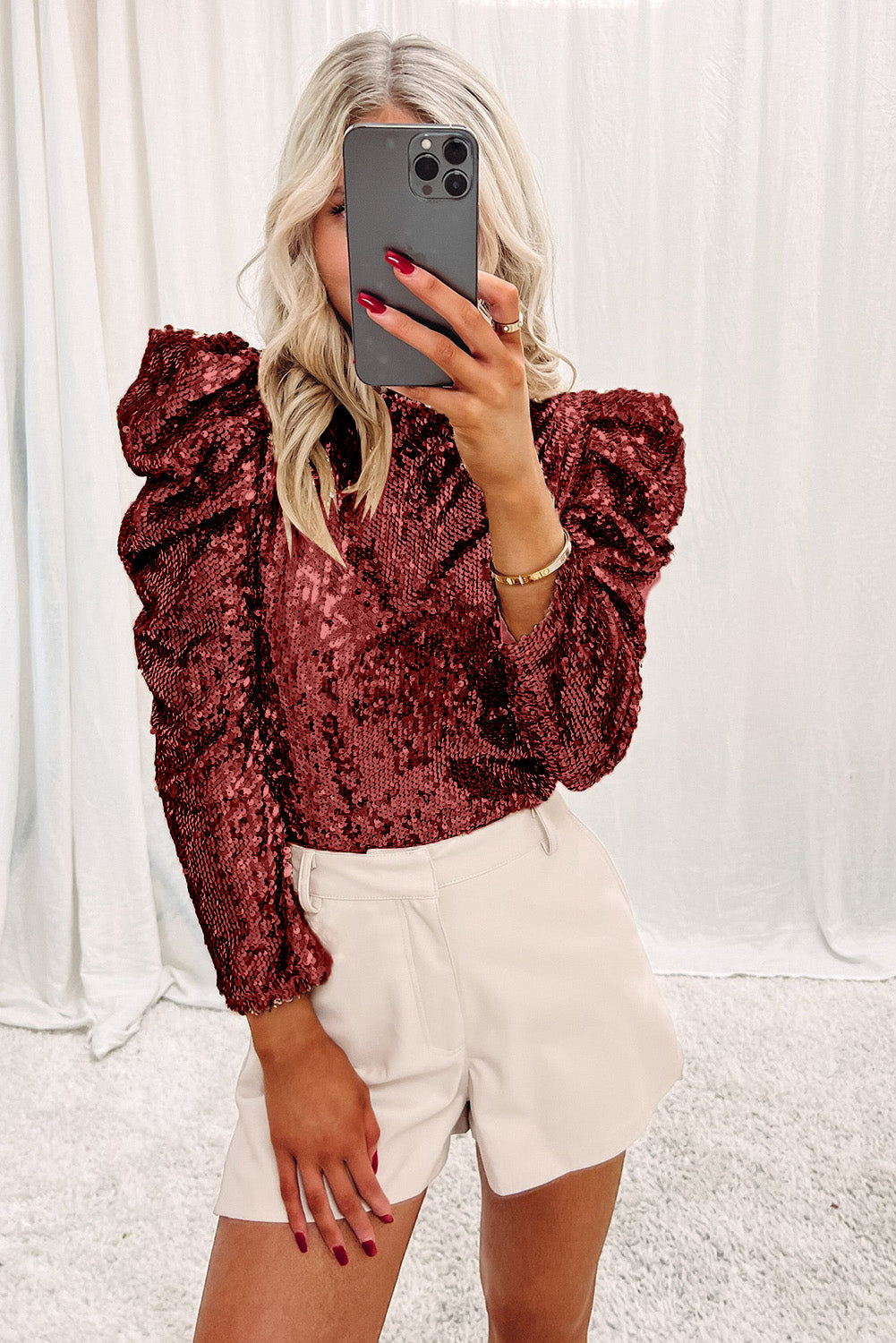 Sequin Mock Neck Bubble Sleeve Top, S-XL