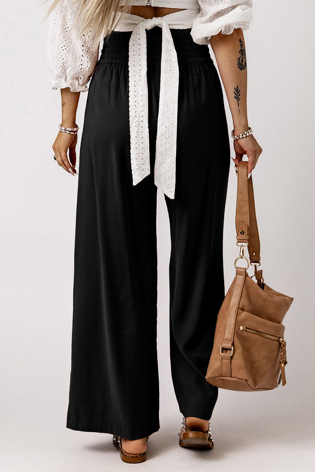 Black Casual Drawstring Shirred Elastic Waist Wide Leg Pants, S-XL