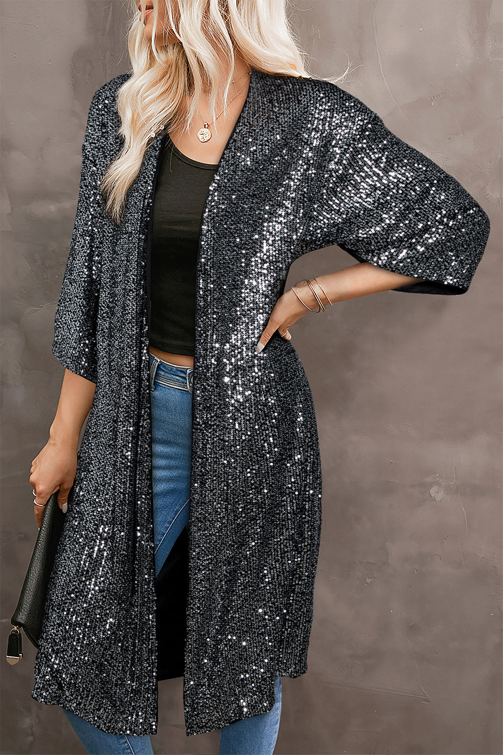 Silvery Sequin 3/4 Sleeve Kimono, S-XL