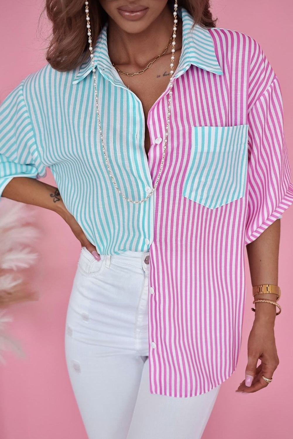 Contrast Striped Print Shirt, S-XL, two color choices!