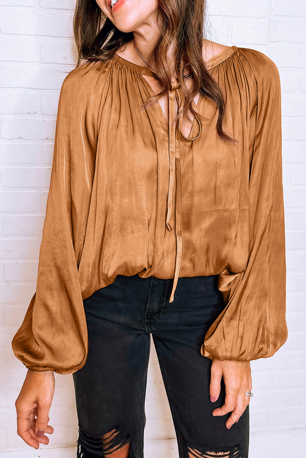 Camel Satin Pleated Tied V Neck Puff Sleeve Blouse, S-XL