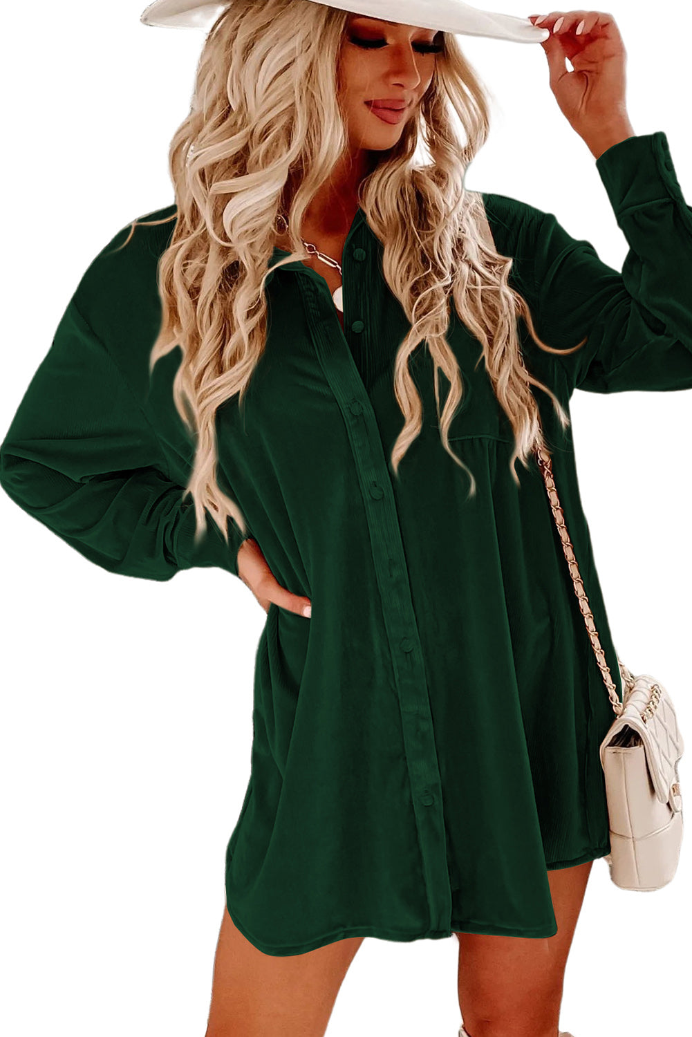 Velvet Button Front Shirt Dress, S-2XL