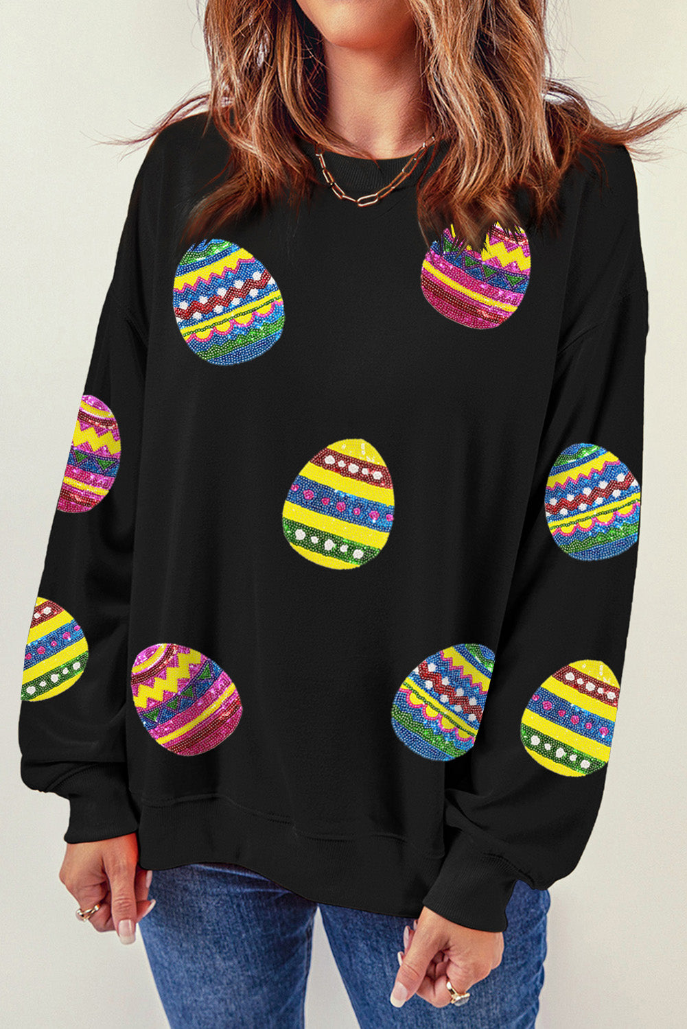 Eater Egg Sequin Patched Crew Neck Sweatshirt, S-2XL, several color choices