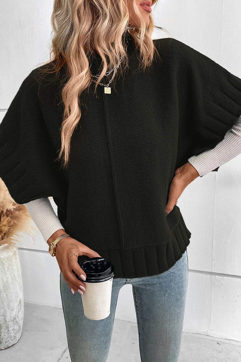 Mock Neck Batwing Short Sleeve Knit Sweater, S-XL, two color choices