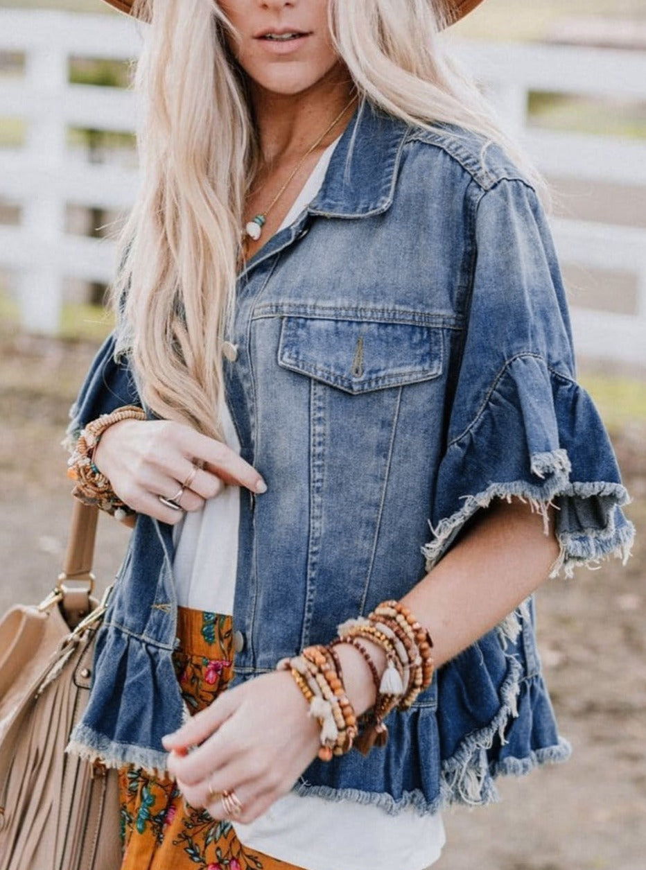 Raw Edge Ruffled Short Sleeve Denim Jacket, S-XL