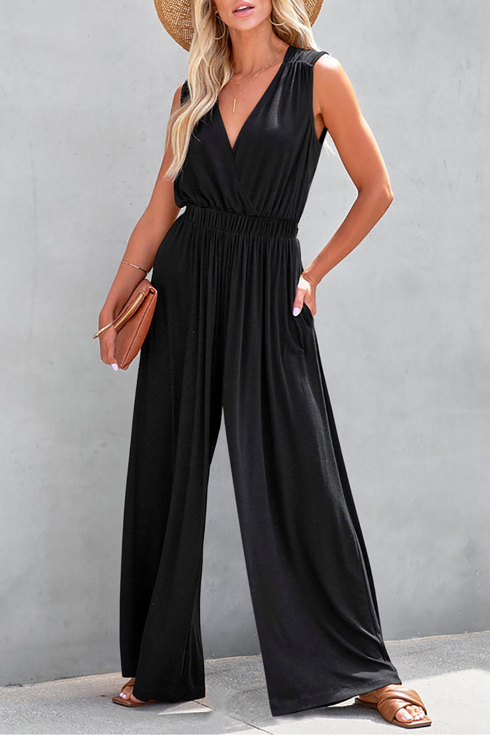 V Pleated Crisscross Wide Leg Backless Jumpsuit, S-XL