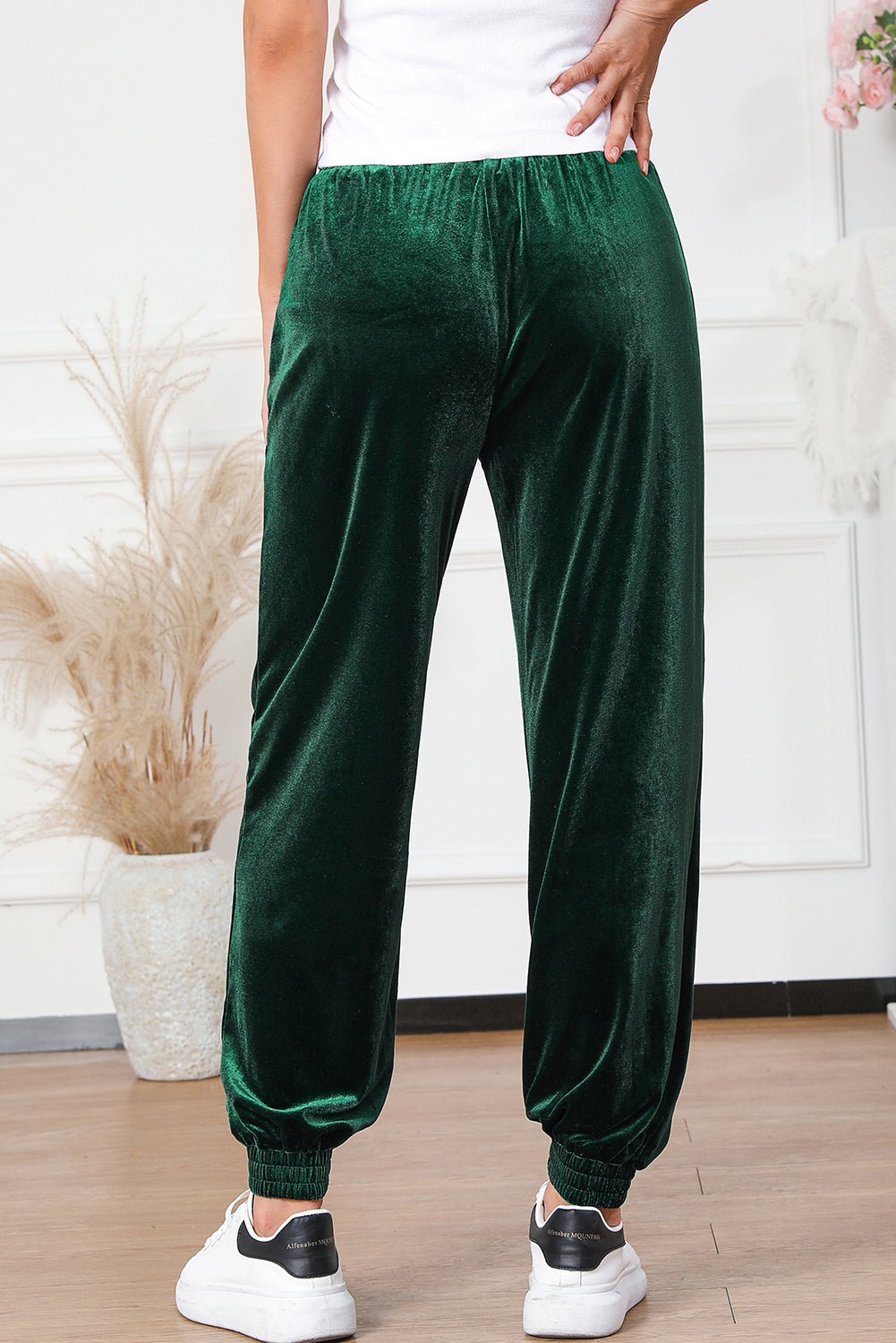 Green Solid Velvet Jogger Pants, S-XL, two color choices