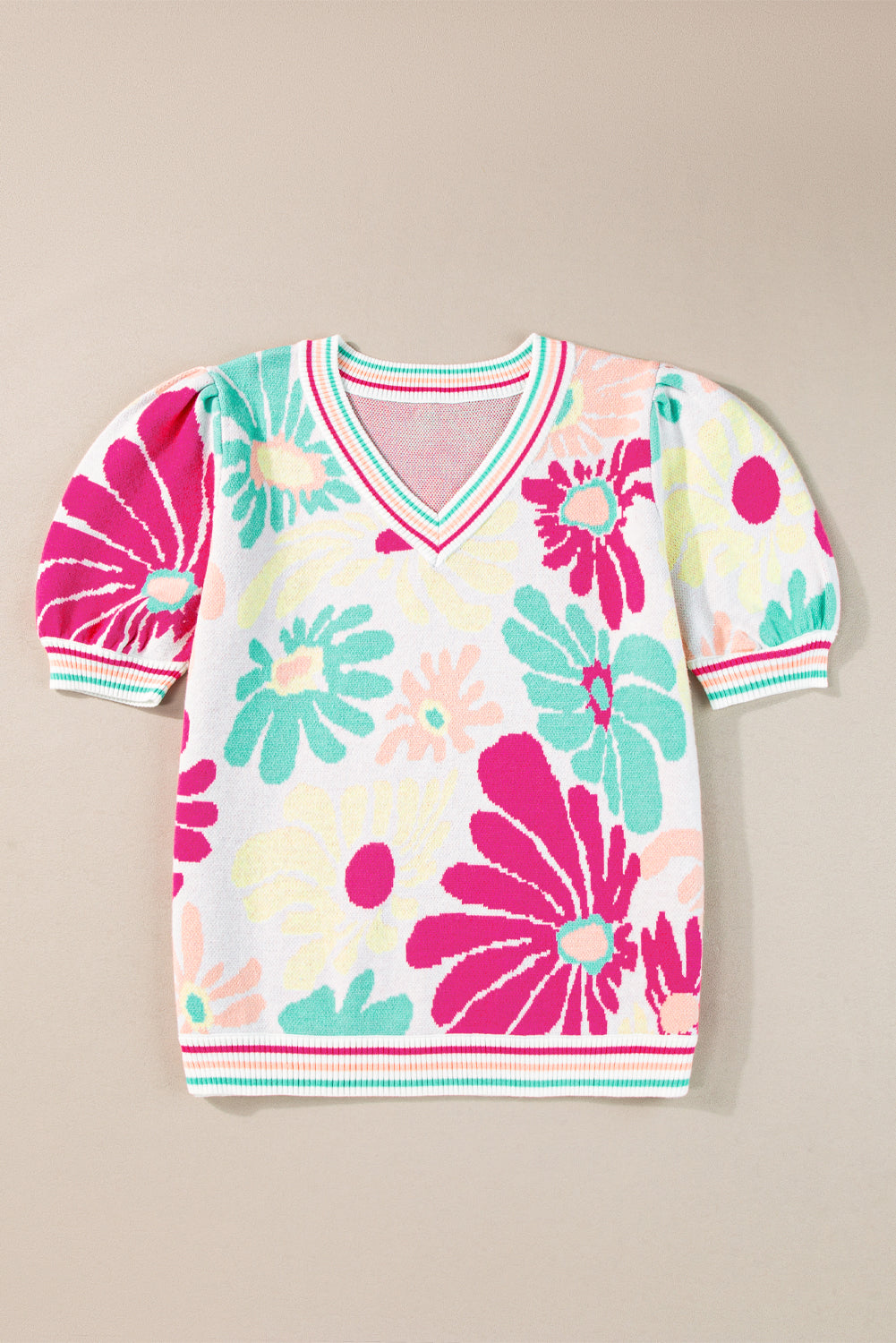 Floral Print V Neck Short Sleeve Sweater, S-XL