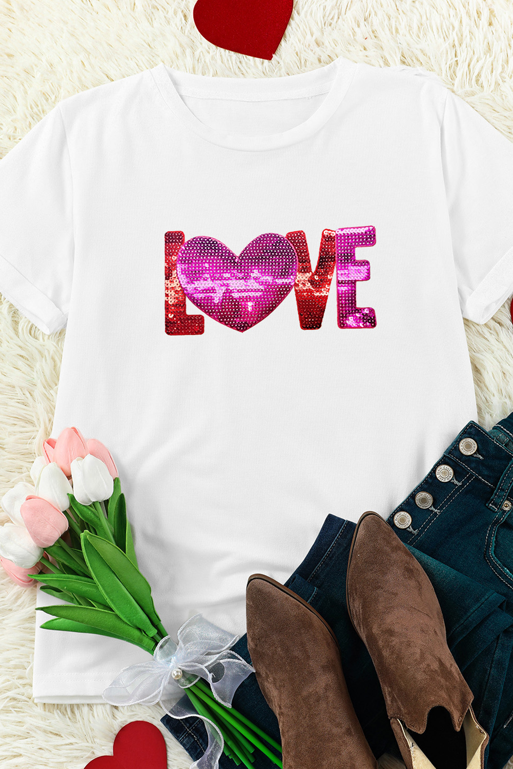 The Heart Won't Lie LOVE Patched Pattern Crewneck Valentines T Shirt