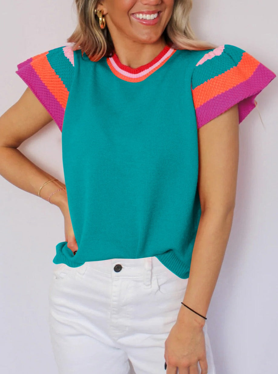 Contrast Flutter Sleeves Knitted Sweater Top, S-XL, three color choices