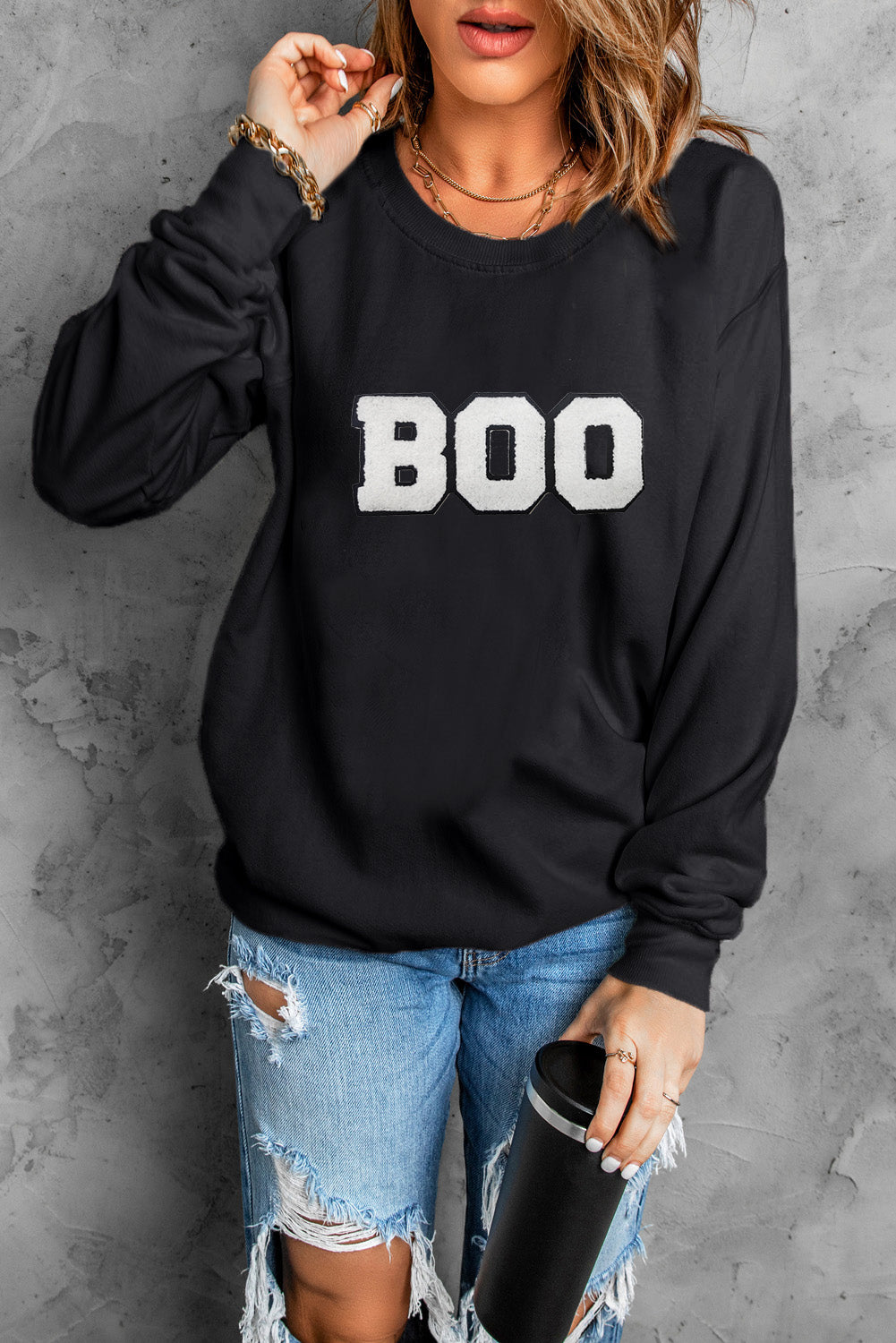 BOO Patched Crewneck Halloween Sweatshirt, S-2XL