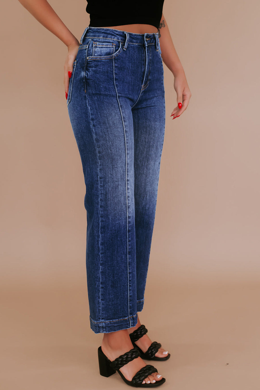 Seamed Wide Leg High Waist Jeans, 1XL-4XL