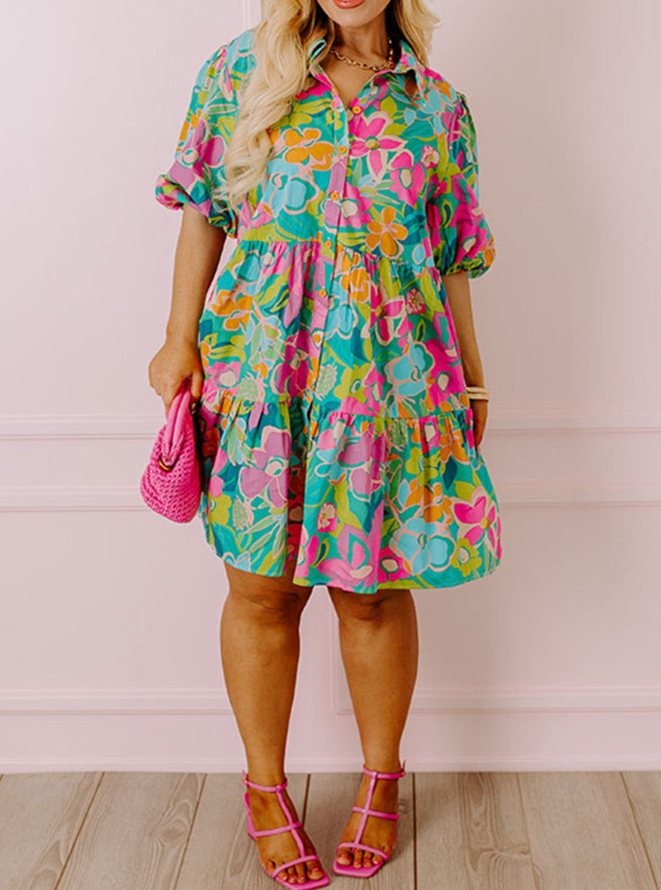 Floral Print Puff Sleeve Tiered Shirt Dress, 1XL-3XL