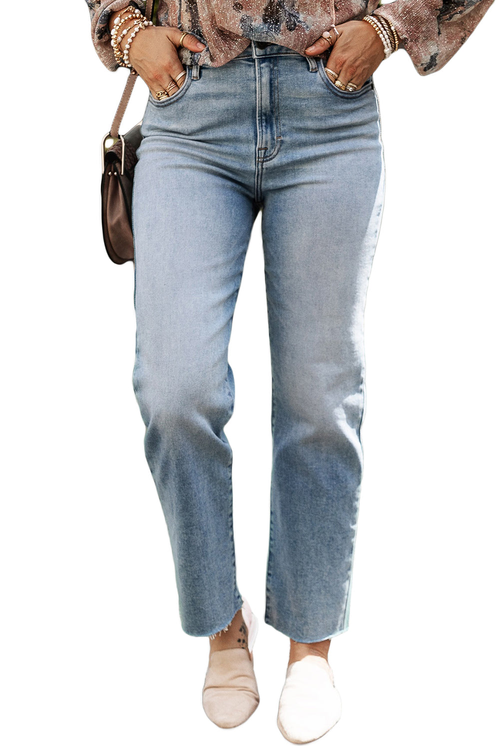 Light Blue Acid Wash Raw Edge Straight Jeans, Size 4-18