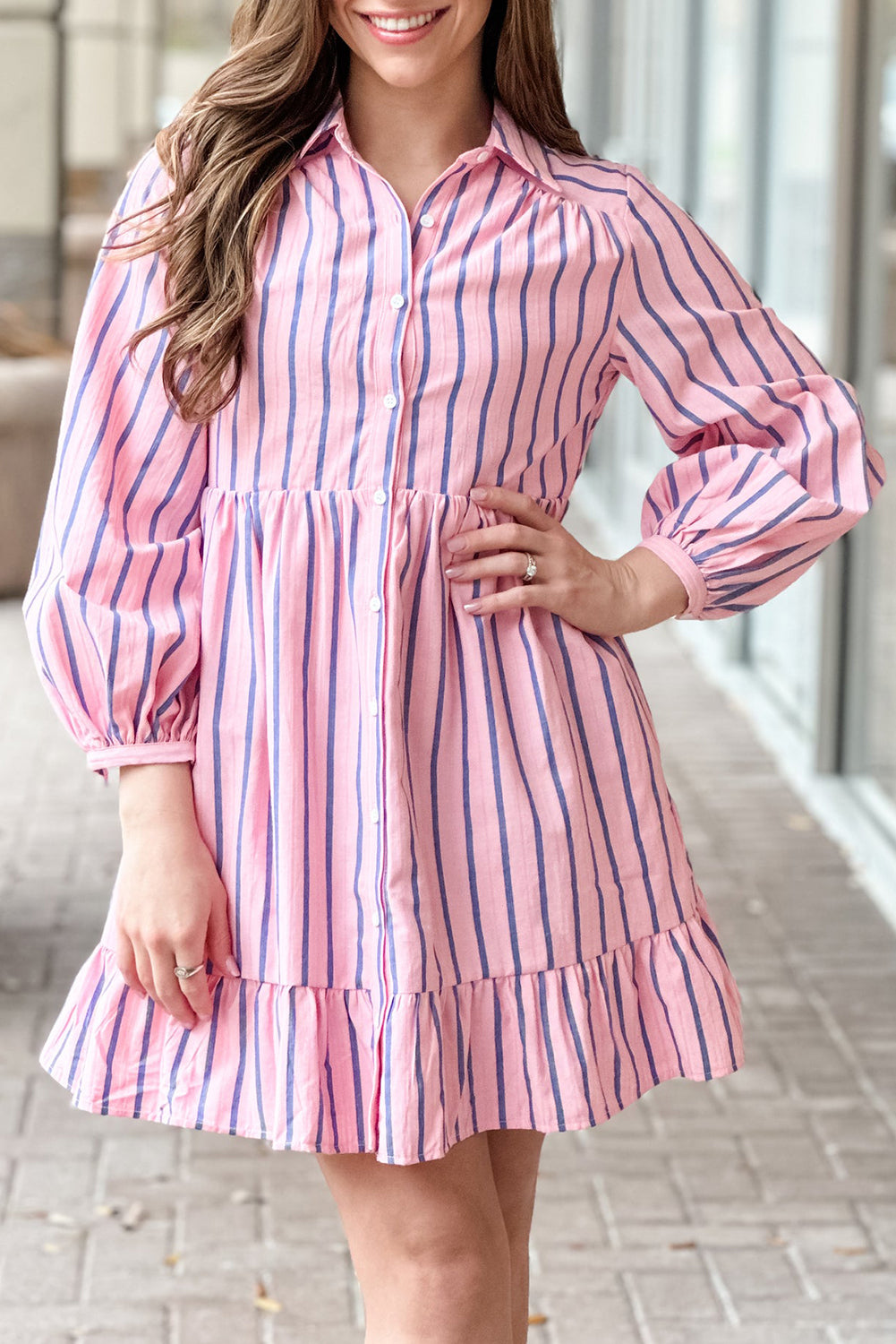 Ruffled Hem Button-up Collared Shirt Mini Dress, S-XL