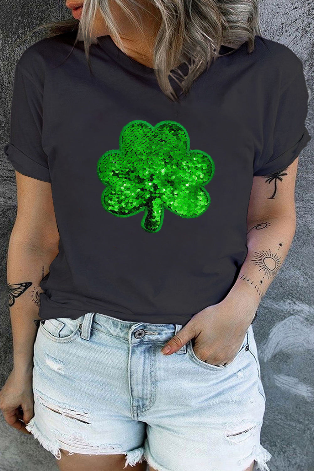 Black Sequin Clover Graphic Tee, 1XL-3XL