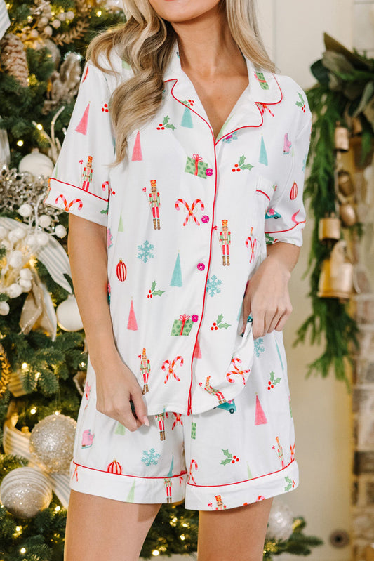 White Christmas Print Short Sleeve Shirt and Shorts Pajama Set, S-2XL