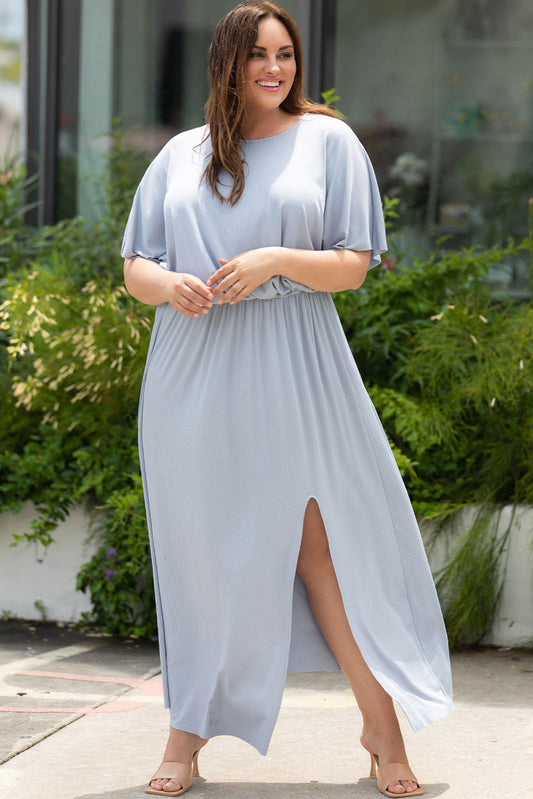 Short Sleeves Rib Knit Maxi Dress with Slit, 1XL-3XL